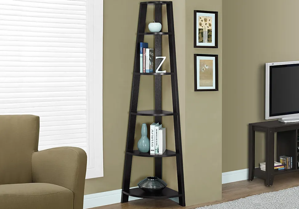 Monarch Specialties Karlee 72"H 5-Shelf Corner Bookcase, Cappuccino