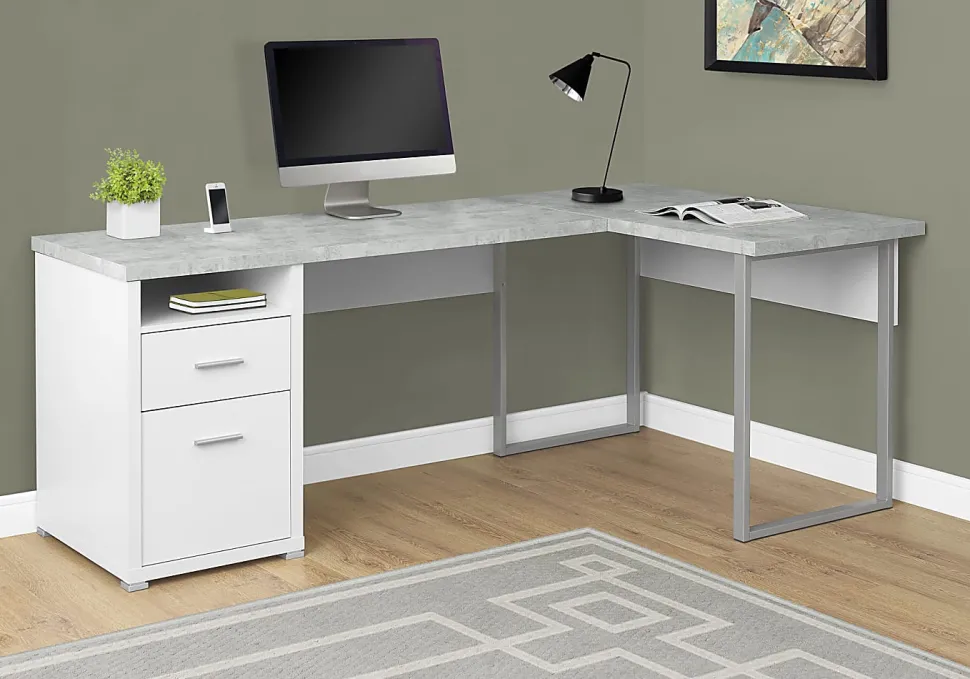 Monarch Specialties 79"W L-Shaped Corner Desk With 2 Drawers, Gray Cement/White