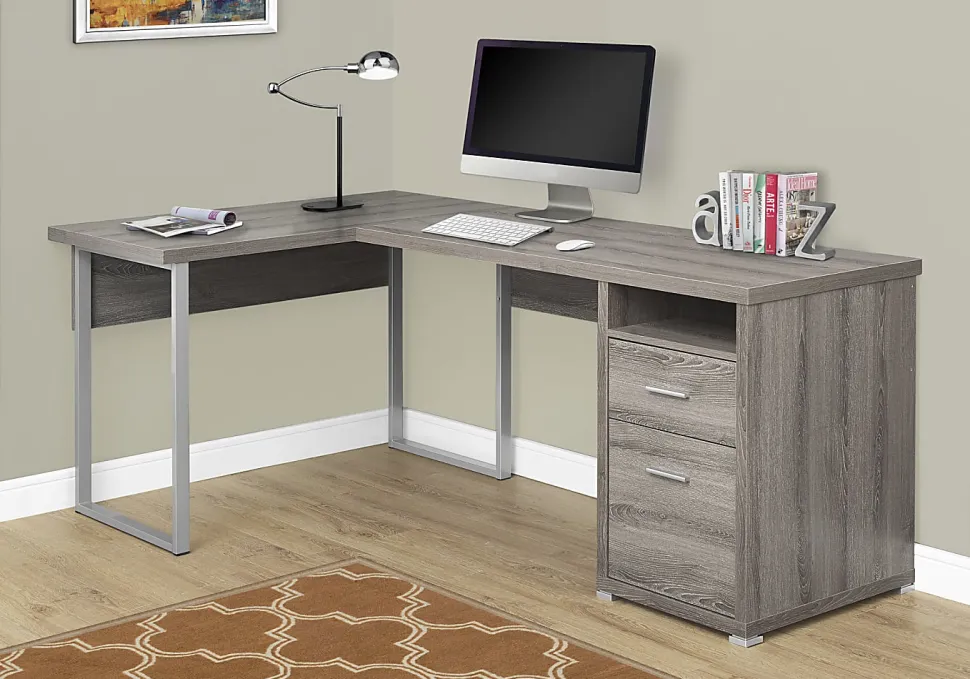Monarch Specialties 79"W L-Shaped Corner Desk With 2 Drawers, Dark Taupe