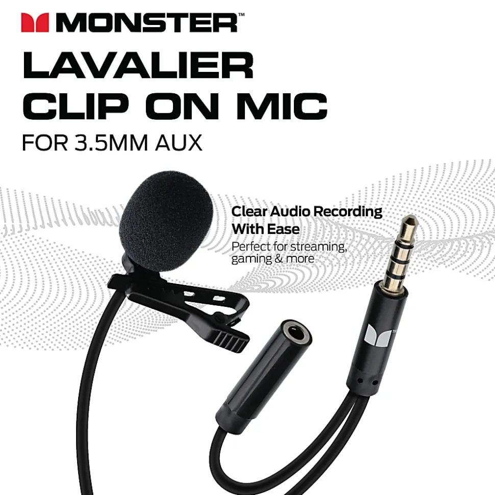 Monster Cable® Lavalier Clip-On Microphone, Aux 3.5 mm, Black