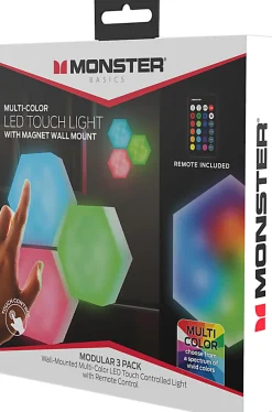 Monster Multi-Color LED Hexagon Touch Lightd With Magnet Mountd, 2-1/2” x 2-1/2”, Set Of 3 Lights