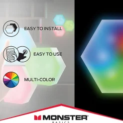 Monster Multi-Color LED Hexagon Touch Lightd With Magnet Mountd, 2-1/2” x 2-1/2”, Set Of 3 Lights