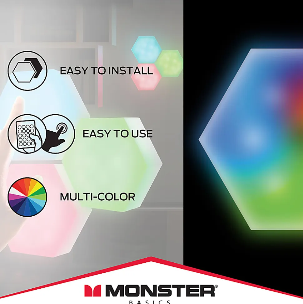 Monster Multi-Color LED Hexagon Touch Lightd With Magnet Mountd, 2-1/2” x 2-1/2”, Set Of 3 Lights