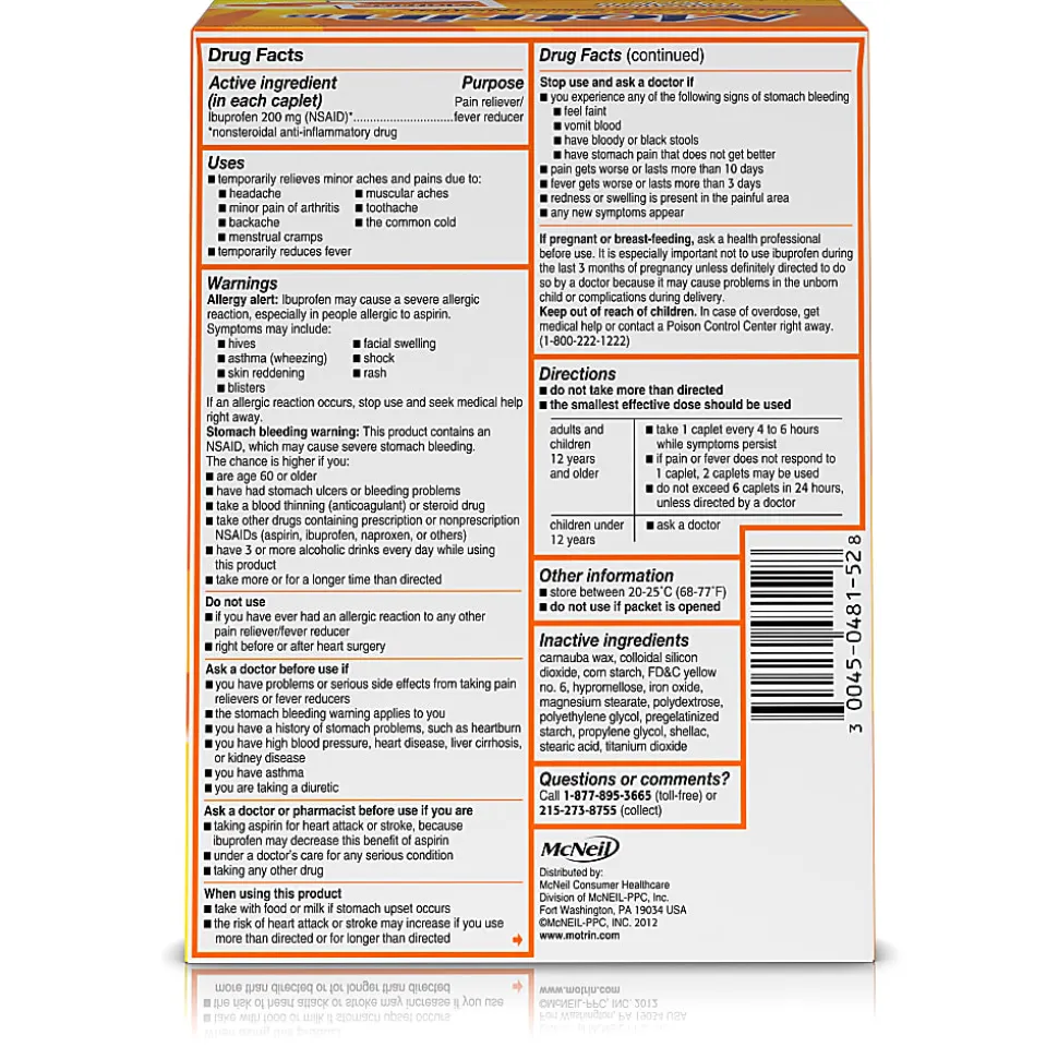 Motrin IB, Ibuprofen 200mg Tablets for Pain & Fever, 2 Tablets per Packet, 50 Packets per Box