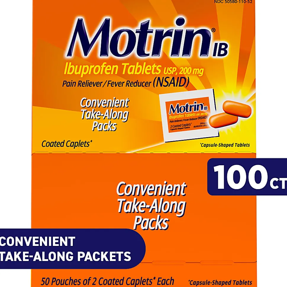 Motrin IB, Ibuprofen 200mg Tablets for Pain & Fever, 2 Tablets per Packet, 50 Packets per Box