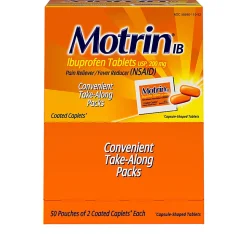 Motrin IB, Ibuprofen 200mg Tablets for Pain & Fever, 2 Tablets per Packet, 50 Packets per Box