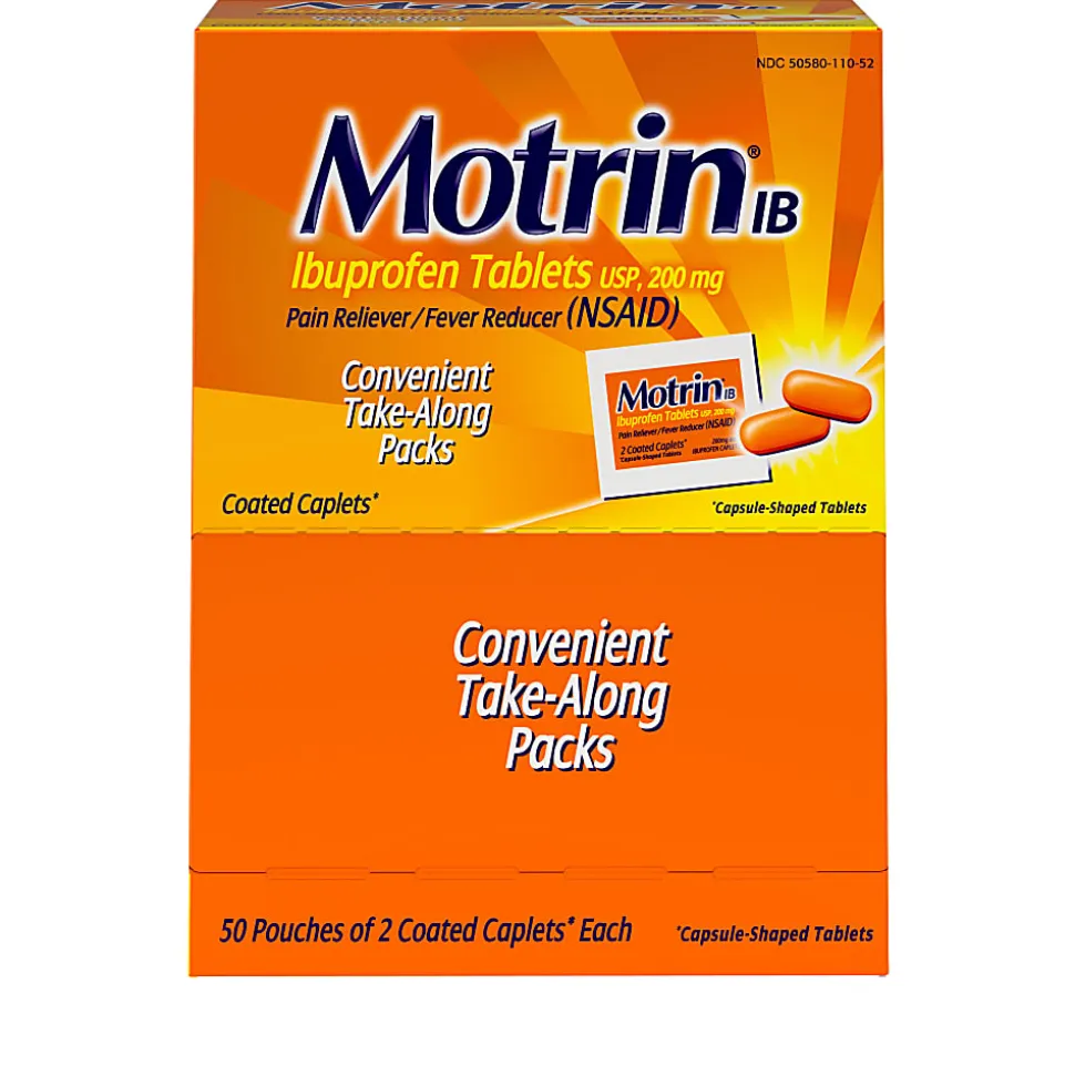 Motrin IB, Ibuprofen 200mg Tablets for Pain & Fever, 2 Tablets per Packet, 50 Packets per Box