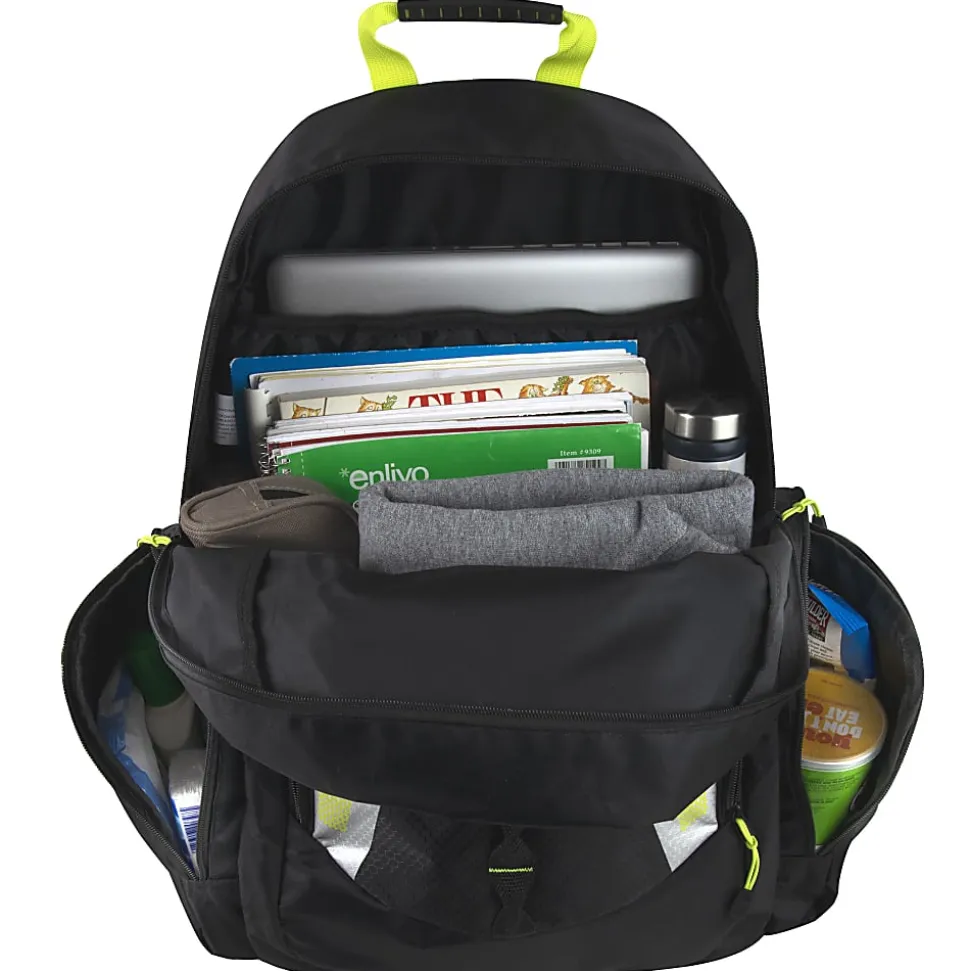 Mountain Edge Multi-Pocket Backpacks With 17" Laptop Sleeves, Black/Yellow, Case Of 24 Backpacks