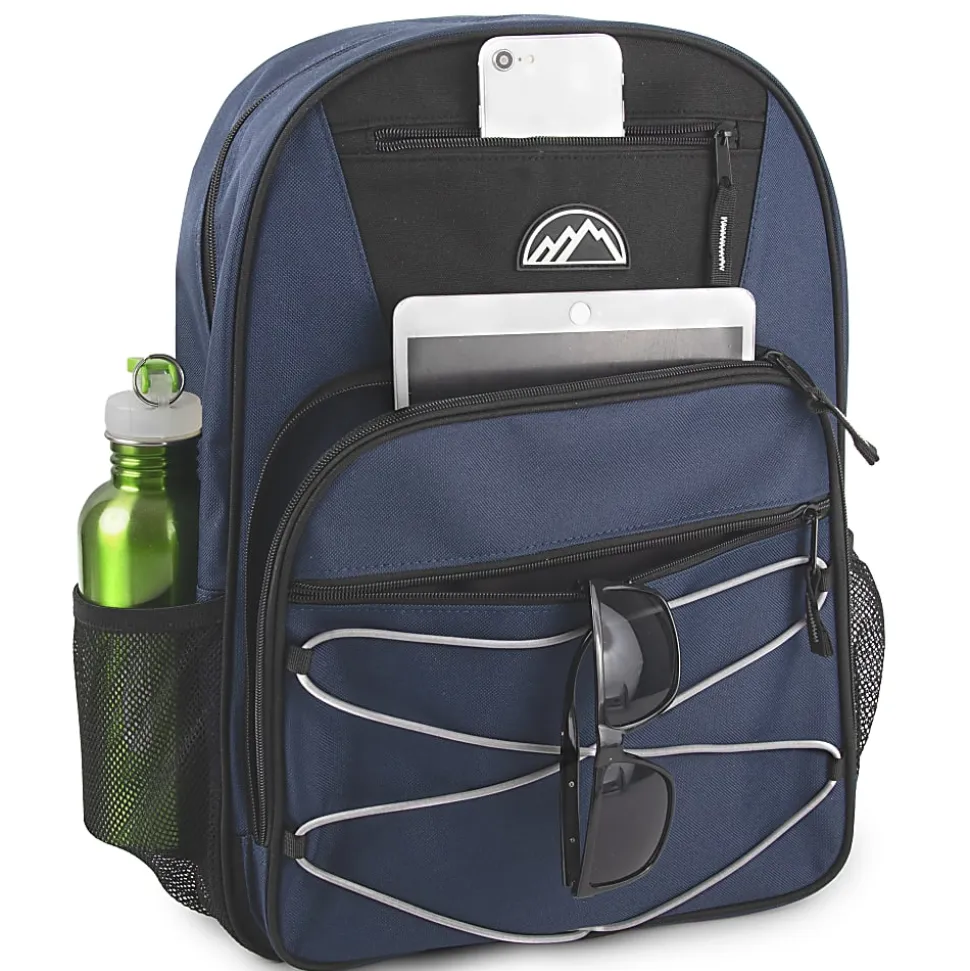 Mountain Edge Multi-Pocket Bungee Cord Sport Backpacks, Black/Blue/Gray, Total Qty 24
