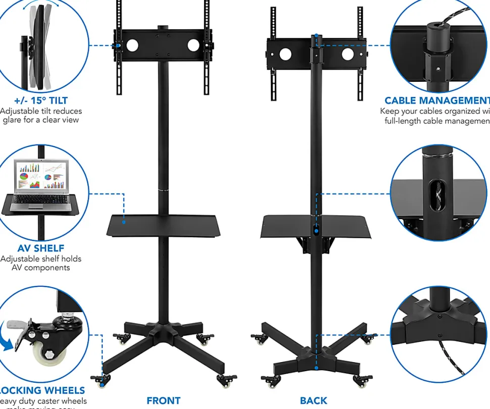 Mount-It! Adjustable Mobile TV Cart For 23" - 55" Displays, Black