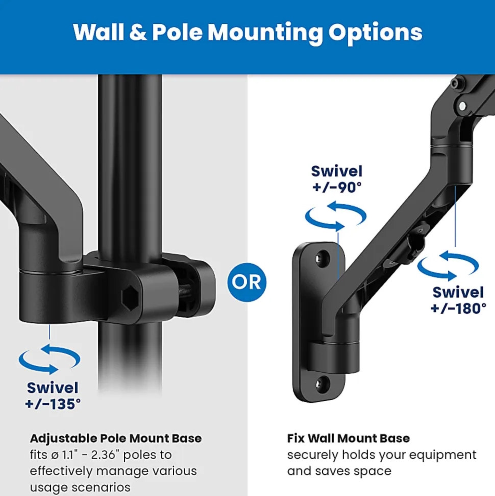 Mount-It! Counterbalance Steel 15.6” Laptop Arm for Wall and Pole Mounting, 5-3/4”H x 12-1/4”W x 15”D, Black