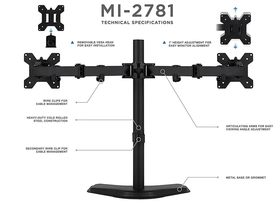 Mount-It! Dual Monitor Desk Stand for Screens Up to 32", Black, MI-2781