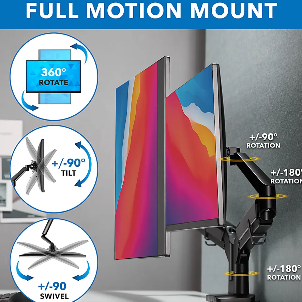 Mount-It! 32” Dual Monitor Mount With Low Profile Gas Spring Arms, Black