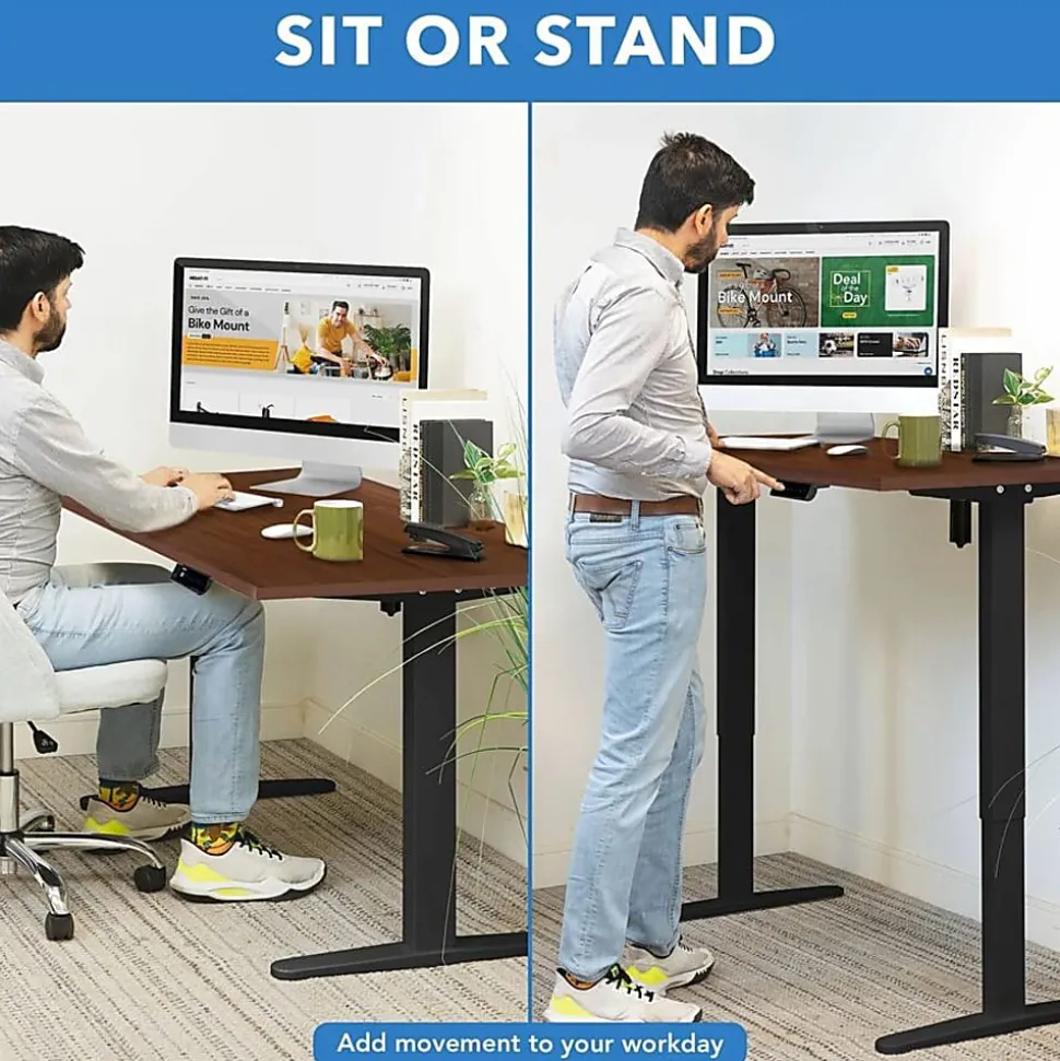 Mount-It! Electric Standing Desk With Adjustable Height And 55"W Tabletop, Hazelnut