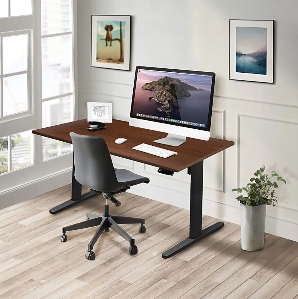 Mount-It! Electric Standing Desk With Adjustable Height And 55"W Tabletop, Hazelnut