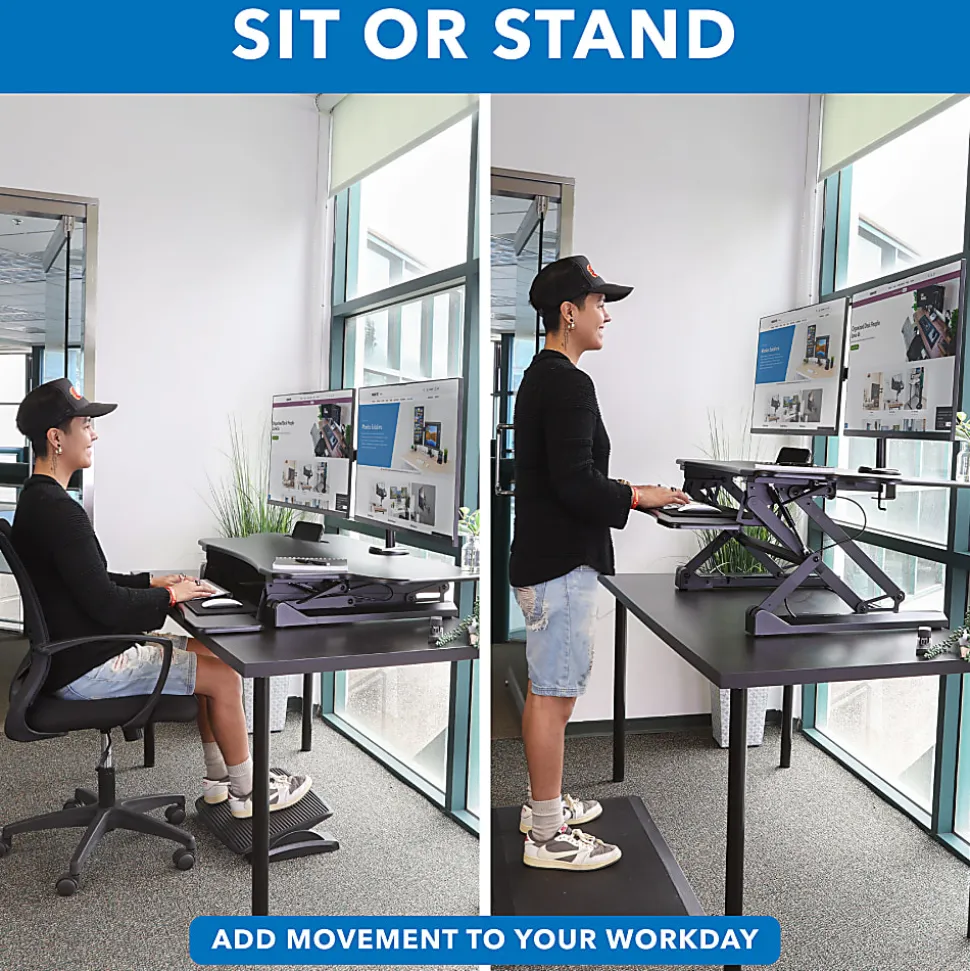 Mount-It! Extra Wide 48"W Adjustable Height Standing Desk Converter With Dual Monitor Mount, Black