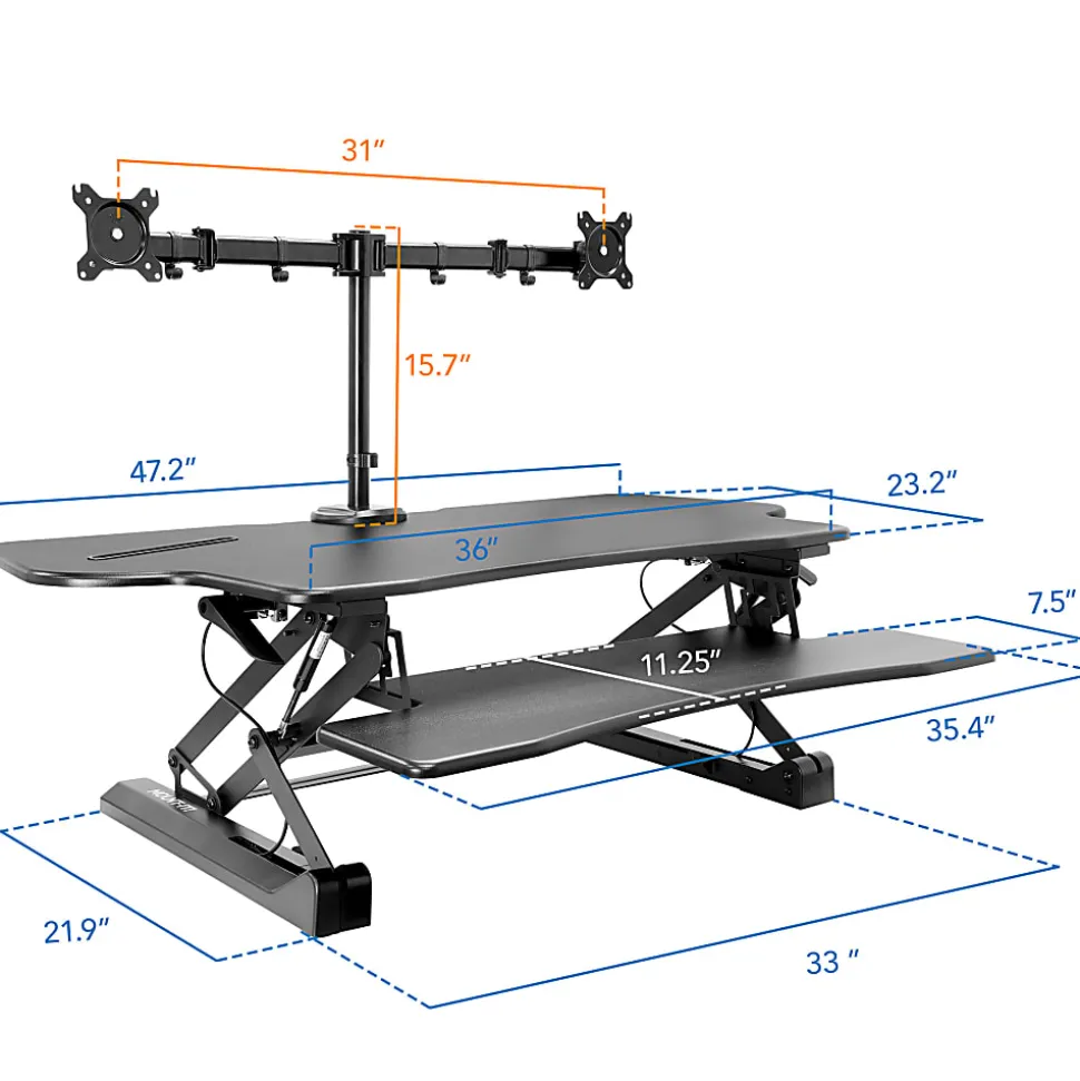 Mount-It! Extra Wide 48"W Adjustable Height Standing Desk Converter With Dual Monitor Mount, Black