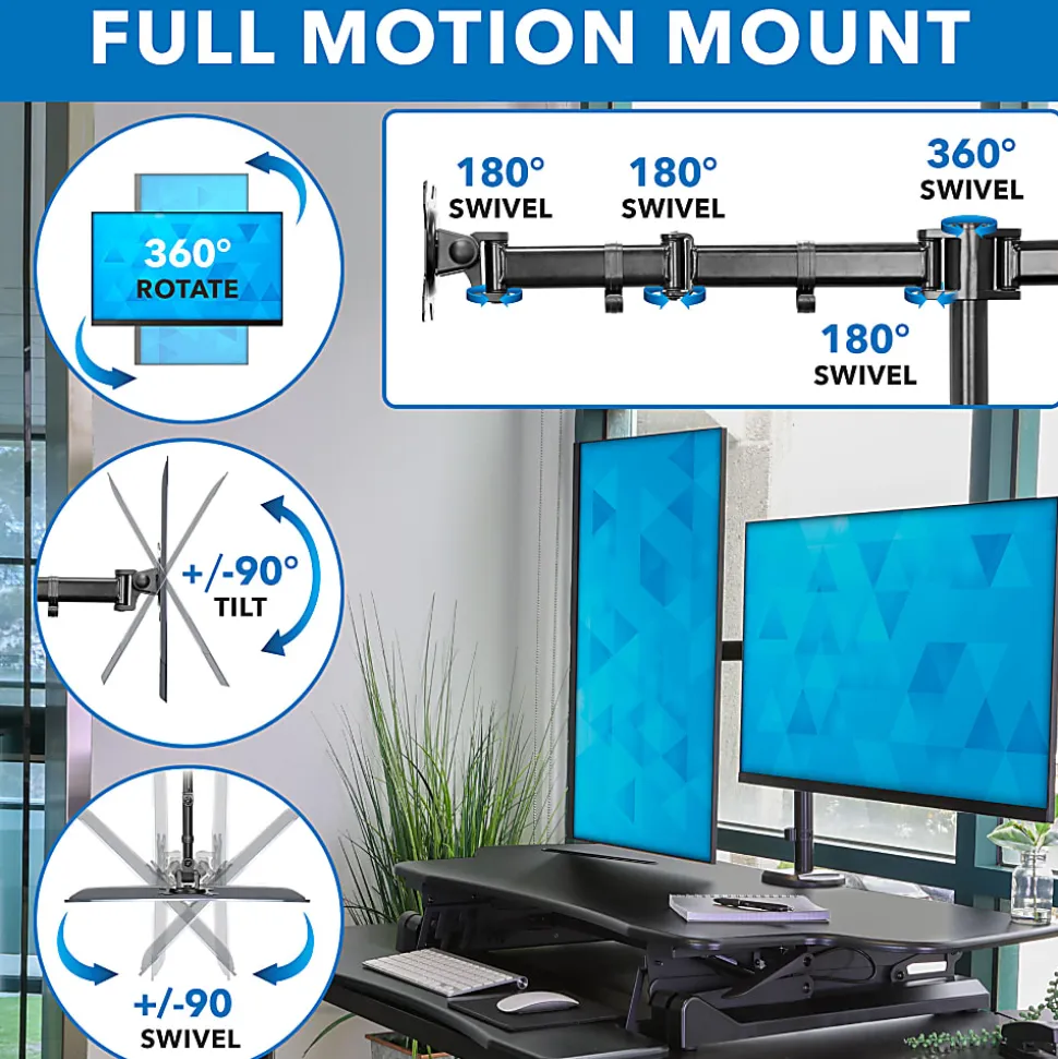 Mount-It! Extra Wide 48"W Adjustable Height Standing Desk Converter With Dual Monitor Mount, Black