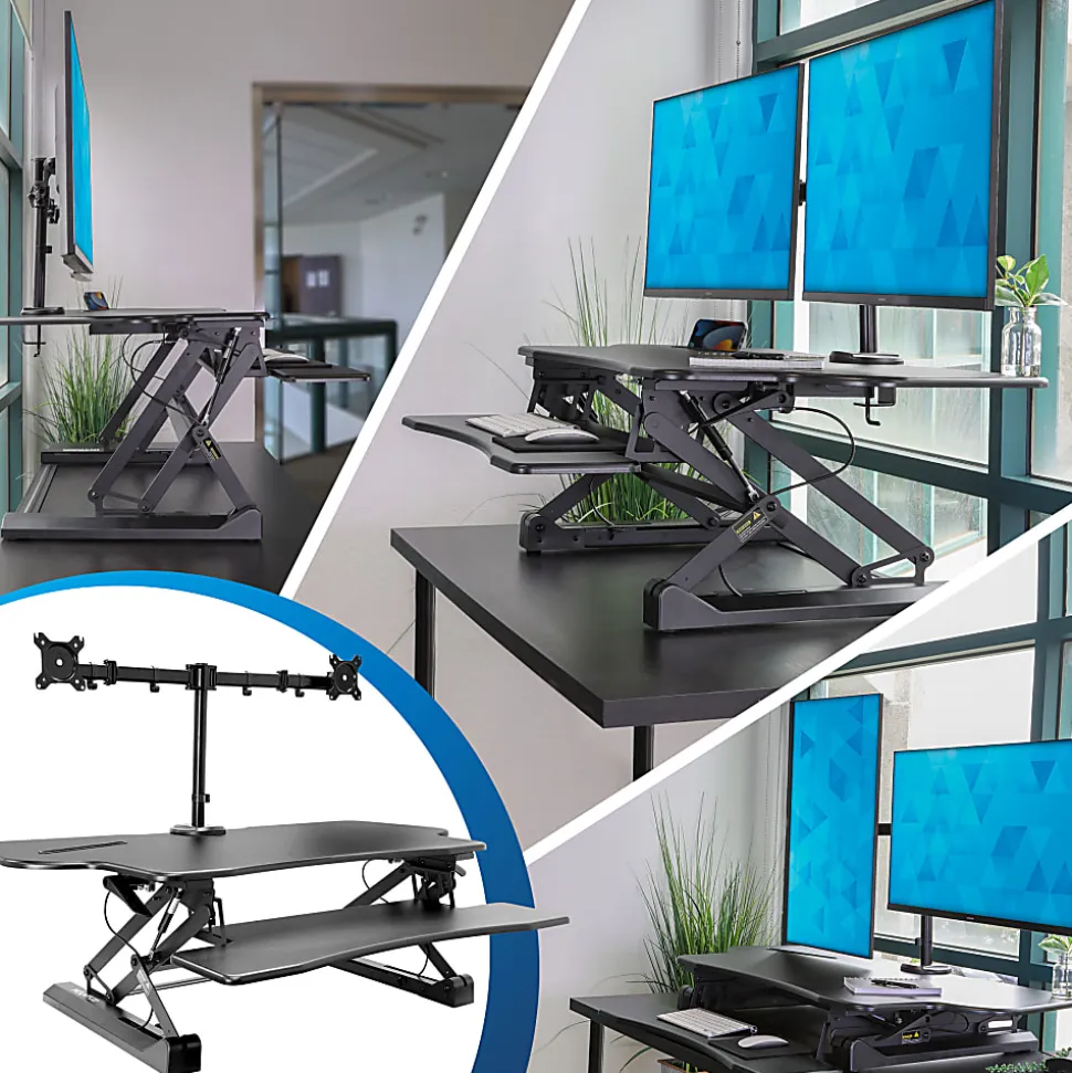 Mount-It! Extra Wide 48"W Adjustable Height Standing Desk Converter With Dual Monitor Mount, Black