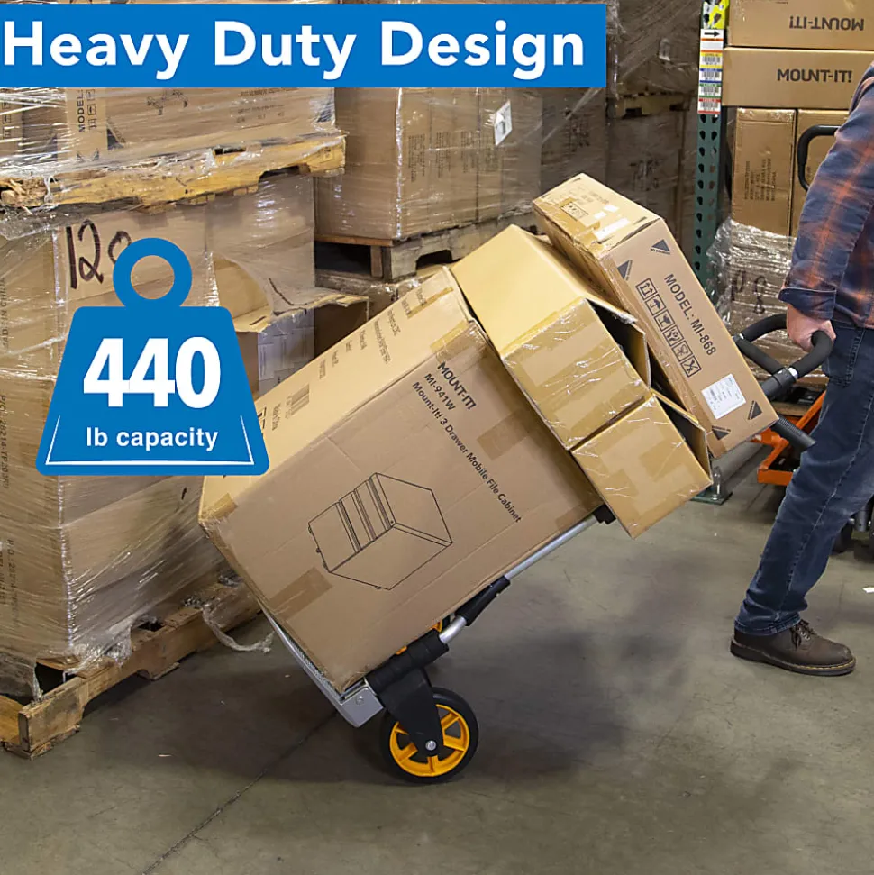 Mount-It! Folding Height-Adjustable Steel Hand Truck With 440 Lb. Capacity, 48.5"H x 23.5"W x 15.75"D, Black
