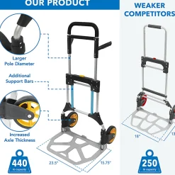 Mount-It! Folding Height-Adjustable Steel Hand Truck With 440 Lb. Capacity, 48.5