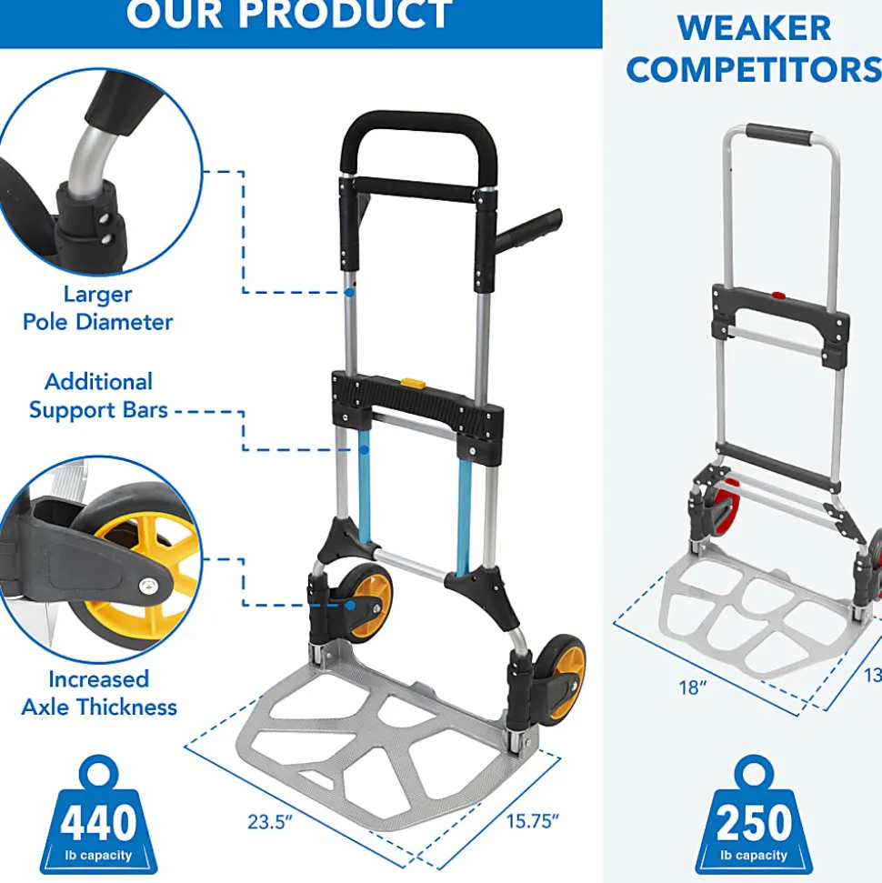 Mount-It! Folding Height-Adjustable Steel Hand Truck With 440 Lb. Capacity, 48.5"H x 23.5"W x 15.75"D, Black