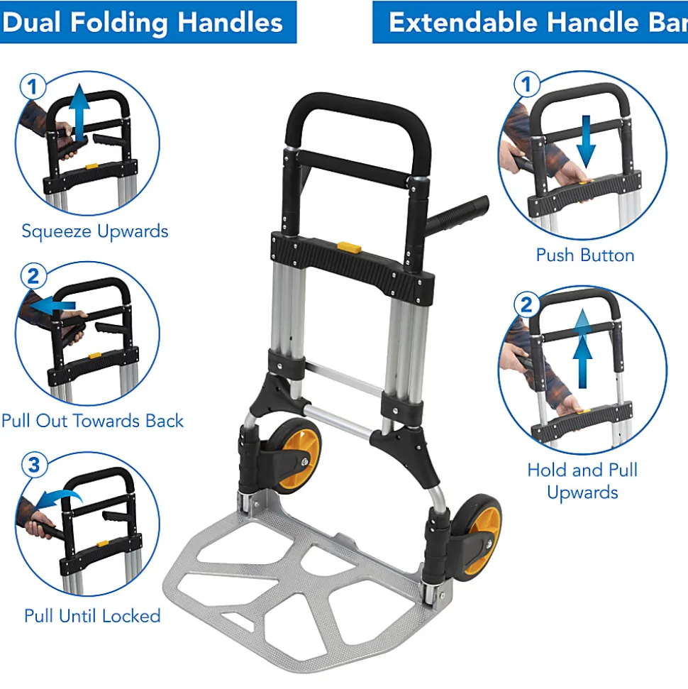 Mount-It! Folding Height-Adjustable Steel Hand Truck With 440 Lb. Capacity, 48.5"H x 23.5"W x 15.75"D, Black