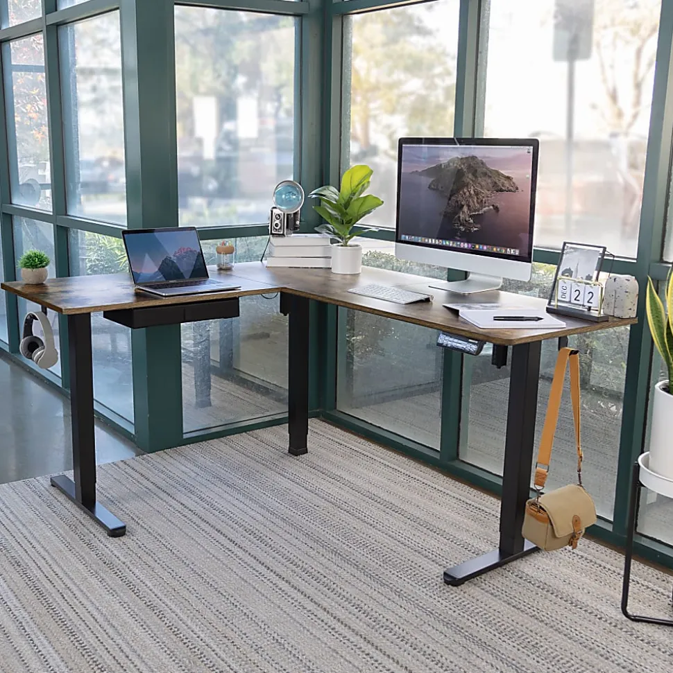 Mount-It! Large Height Adjustable 28.3" and 46.5" Corner Sit-Stand Desk, Brown