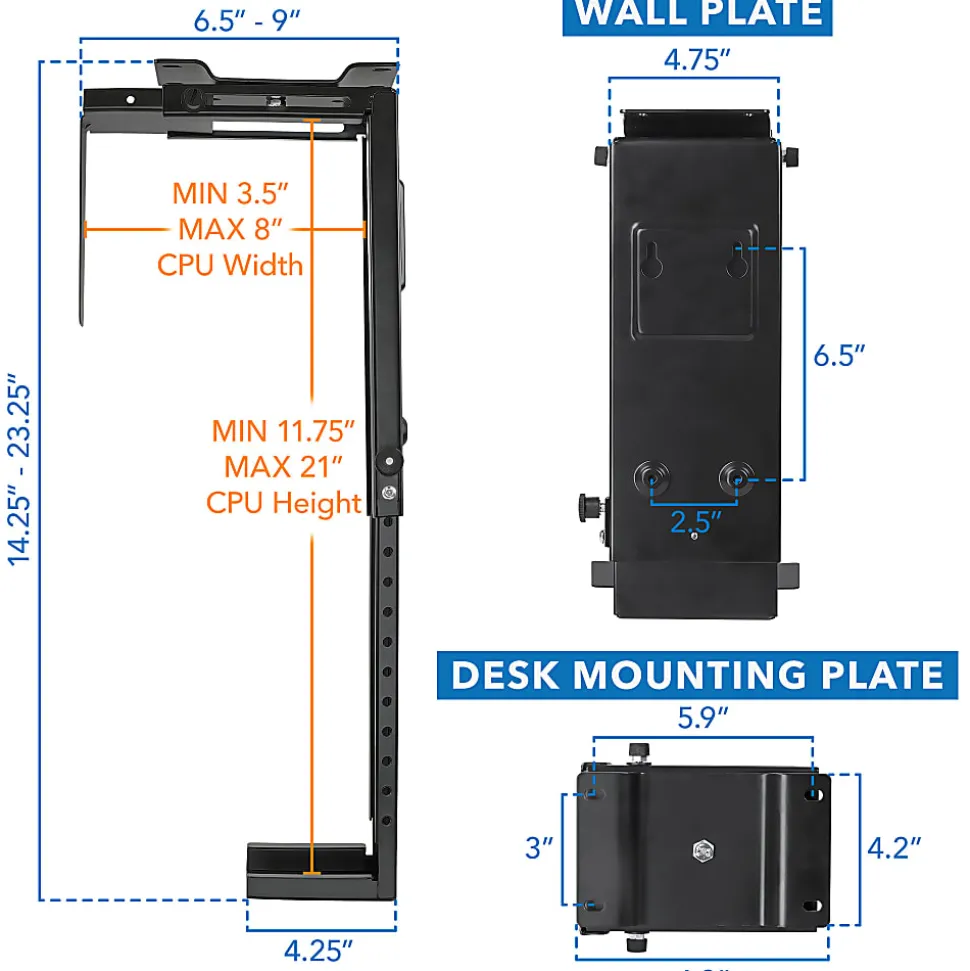 Mount-It! MI-7150 CPU Under Desk Mount Bracket, 3.5" to 8" W, Black