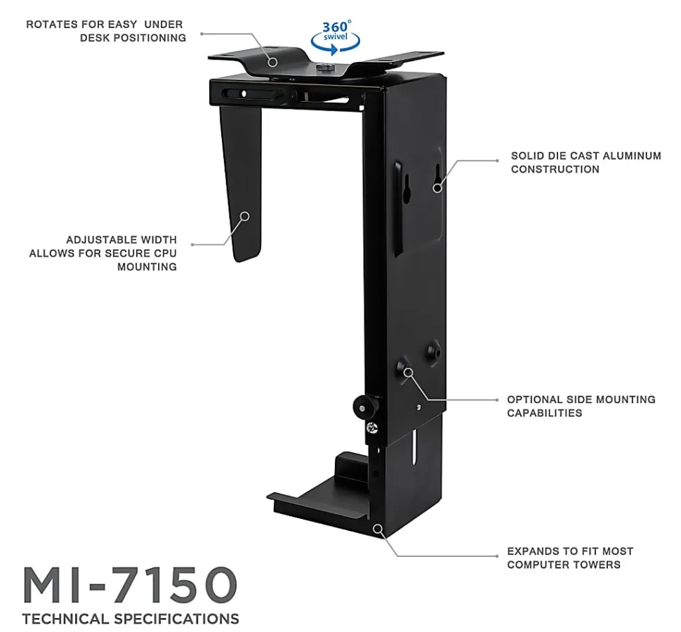 Mount-It! MI-7150 CPU Under Desk Mount Bracket, 3.5" to 8" W, Black