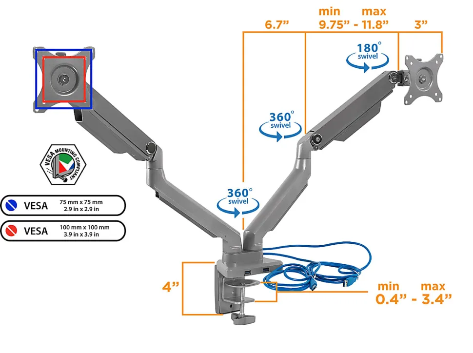 Mount-It! MI-2762 Dual-Monitor Arm Mount With USB Port, 16"H x 10"W x 6.6"D, Silver