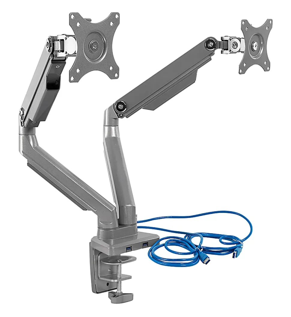 Mount-It! MI-2762 Dual-Monitor Arm Mount With USB Port, 16"H x 10"W x 6.6"D, Silver