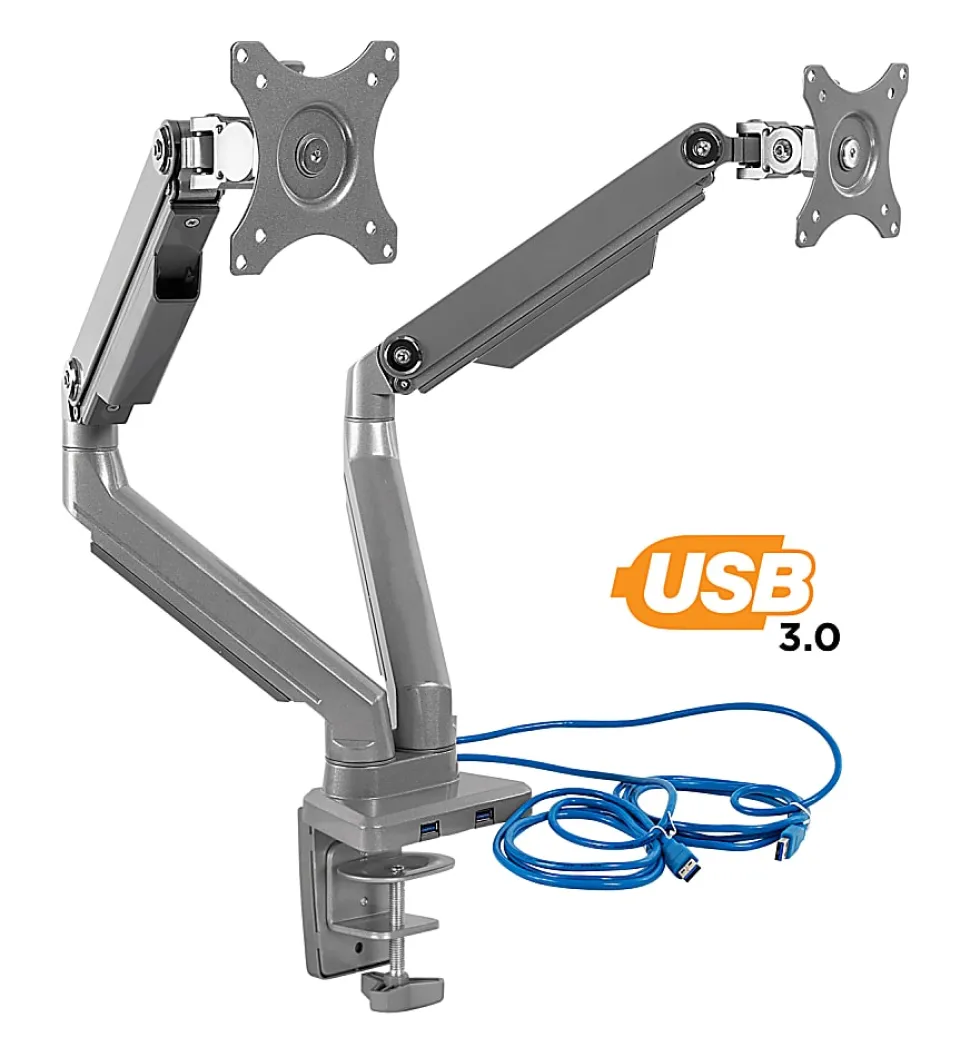 Mount-It! MI-2762 Dual-Monitor Arm Mount With USB Port, 16"H x 10"W x 6.6"D, Silver