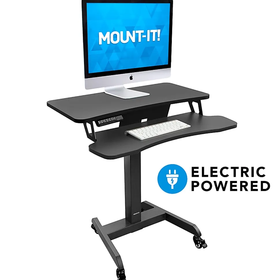 Mount-It! MI-7982 Electric Height-Adjustable Standing Mobile Workstation, 31"H x 31.5"W x 14.75"D, Black