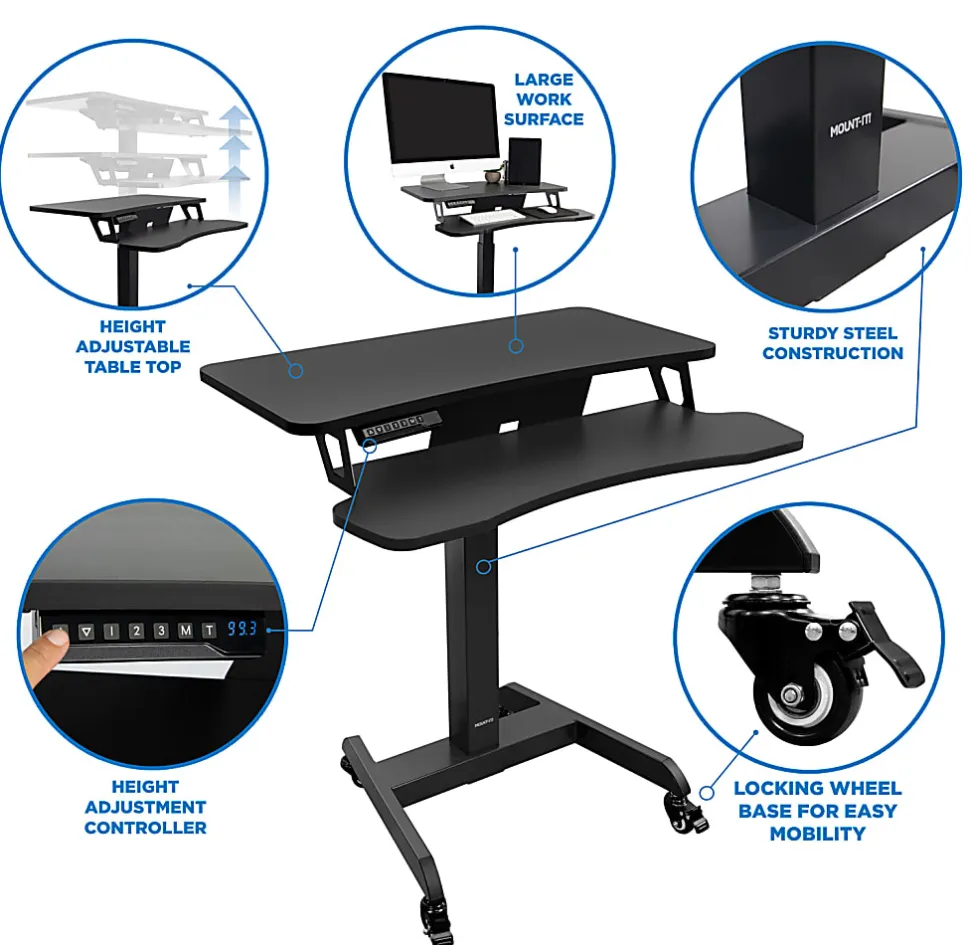 Mount-It! MI-7982 Electric Height-Adjustable Standing Mobile Workstation, 31"H x 31.5"W x 14.75"D, Black