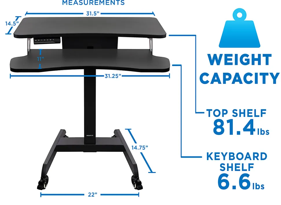 Mount-It! MI-7982 Electric Height-Adjustable Standing Mobile Workstation, 31"H x 31.5"W x 14.75"D, Black