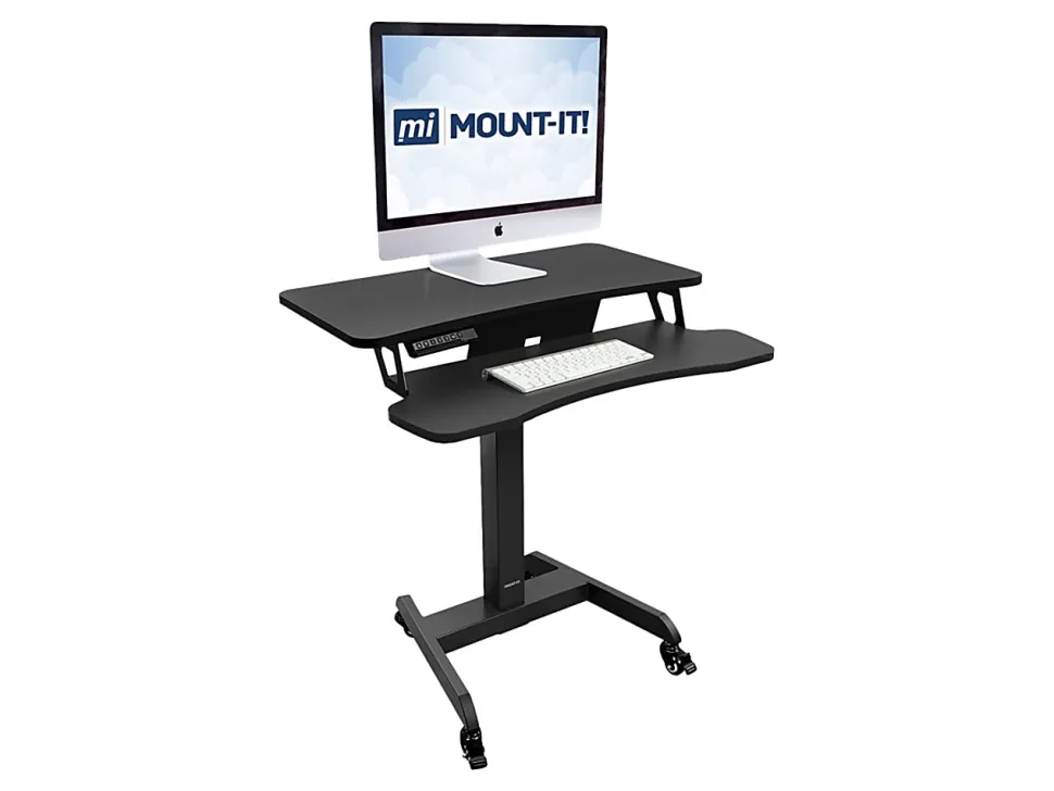 Mount-It! MI-7982 Electric Height-Adjustable Standing Mobile Workstation, 31"H x 31.5"W x 14.75"D, Black