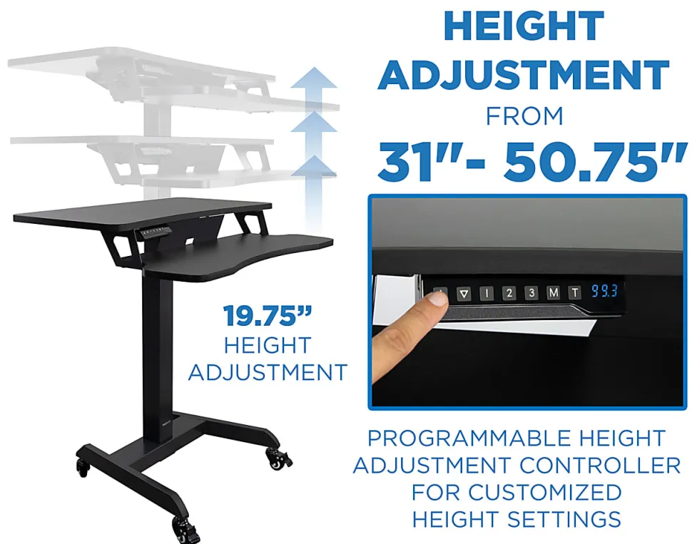 Mount-It! MI-7982 Electric Height-Adjustable Standing Mobile Workstation, 31"H x 31.5"W x 14.75"D, Black