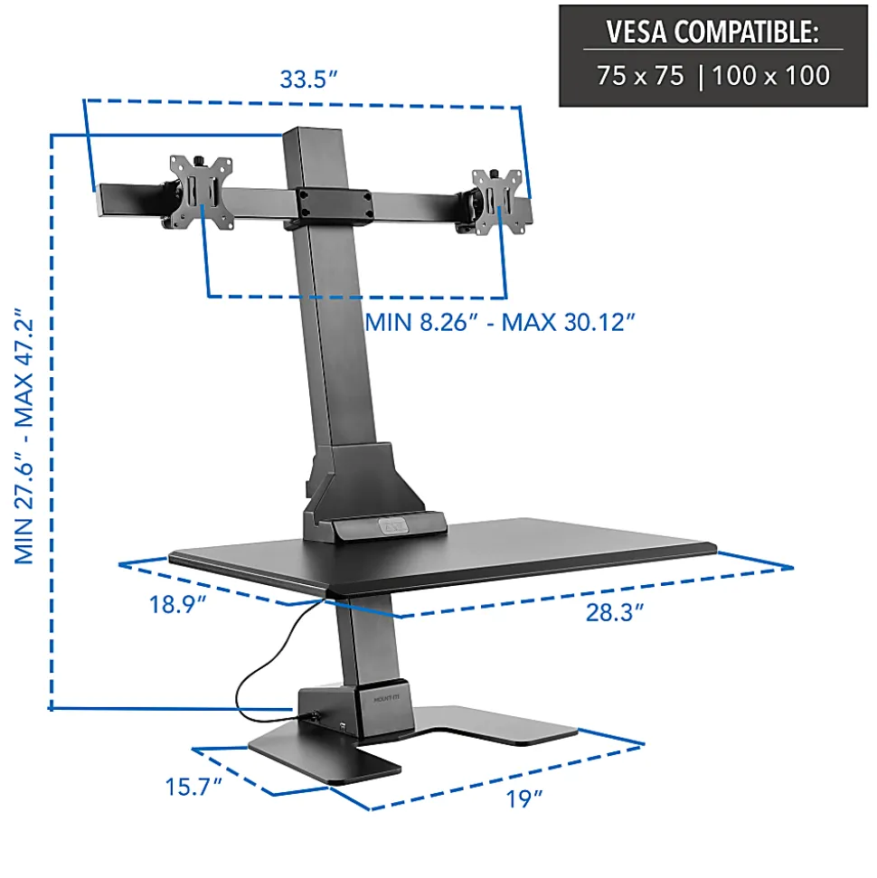 Mount-It! MI-7952 Electric Standing Desk Converter With Dual-Monitor Mount, Black