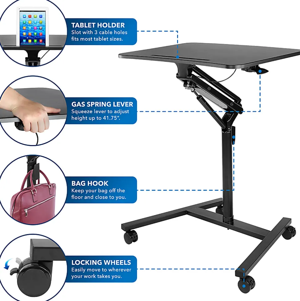 Mount-It! MI-7969 Height-Adjustable Rolling Sit-Stand Workstation, 41-3/4"H x 30"W x 23-1/4"D, Black