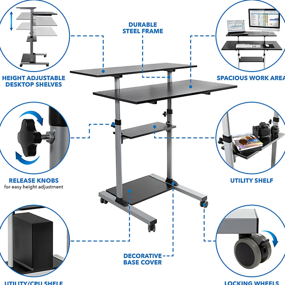 Mount-It! MI-7970 Height-Adjustable Mobile Standing Desk Workstation, 55"H x 39-1/2"W x 26"D, Silver