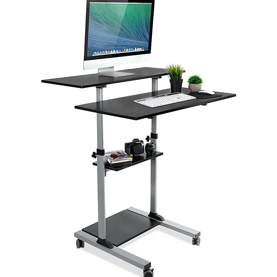 Mount-It! MI-7970 Height-Adjustable Mobile Standing Desk Workstation, 55"H x 39-1/2"W x 26"D, Silver