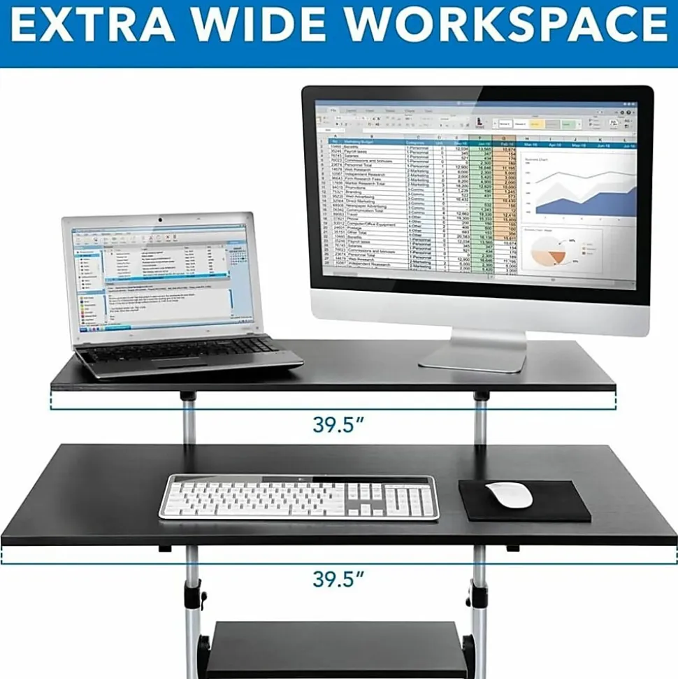 Mount-It! MI-7970 Height-Adjustable Mobile Standing Desk Workstation, 55"H x 39-1/2"W x 26"D, Silver