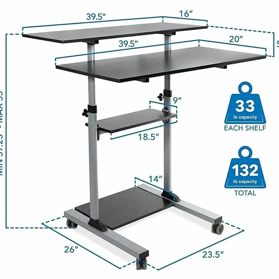 Mount-It! MI-7970 Height-Adjustable Mobile Standing Desk Workstation, 55"H x 39-1/2"W x 26"D, Silver