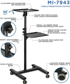 Mount-It! MI-7943 Mobile Projector Standing Desk, 33-1/2”H x 15-1/2”W x 4-1/2”D, Black