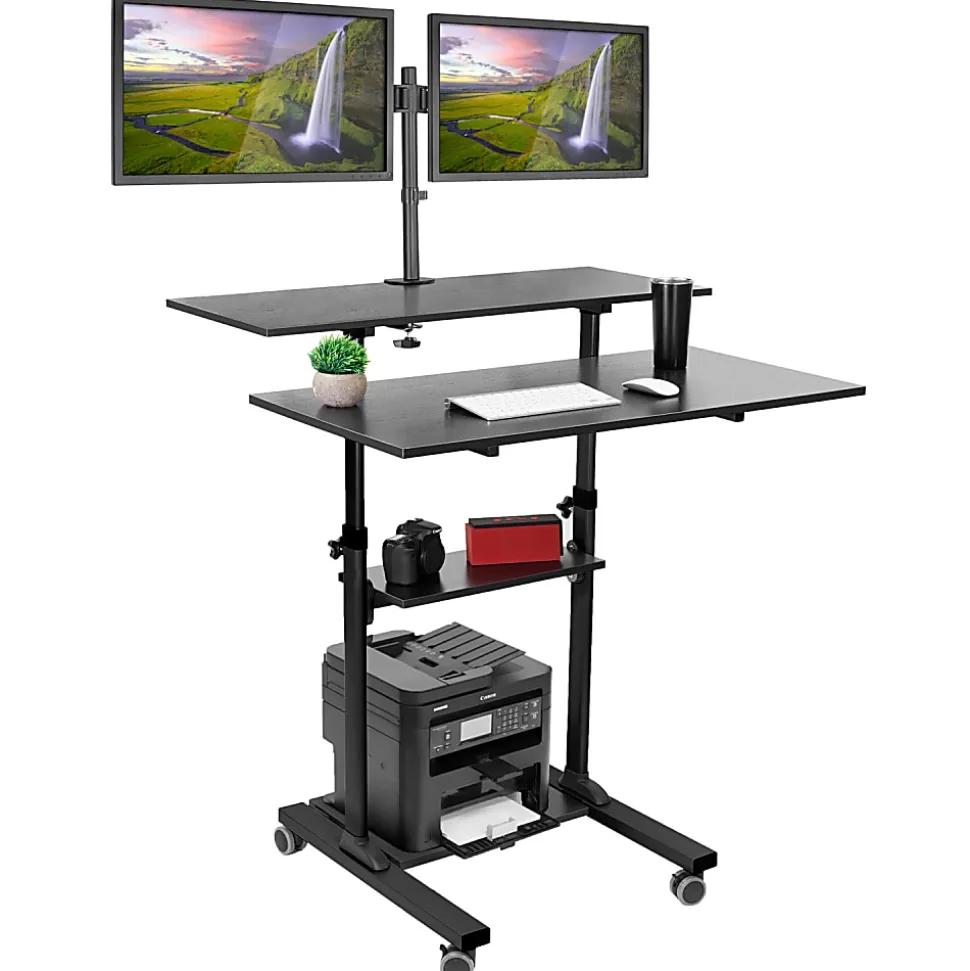 Mount-It! MI-7972 Mobile Standing Desk Workstation, With Dual-Monitor Mount, 72-1/4"H x 39-1/2"W x 26"D, Black