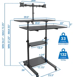 Mount-It! MI-7972 Mobile Standing Desk Workstation, With Dual-Monitor Mount, 72-1/4