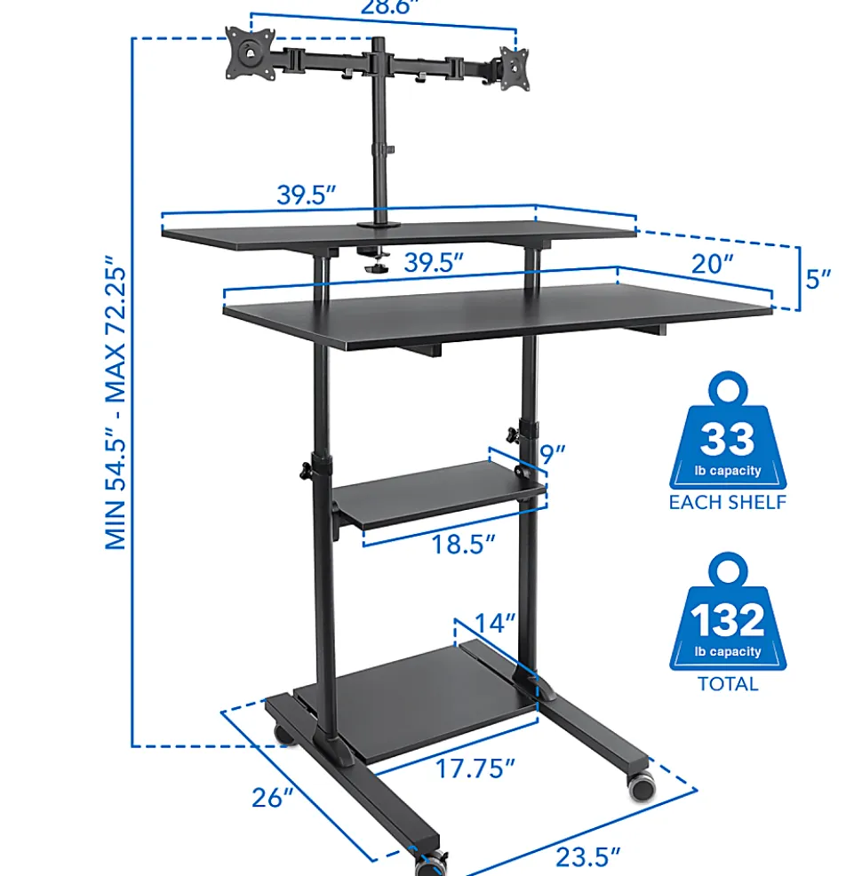 Mount-It! MI-7972 Mobile Standing Desk Workstation, With Dual-Monitor Mount, 72-1/4"H x 39-1/2"W x 26"D, Black
