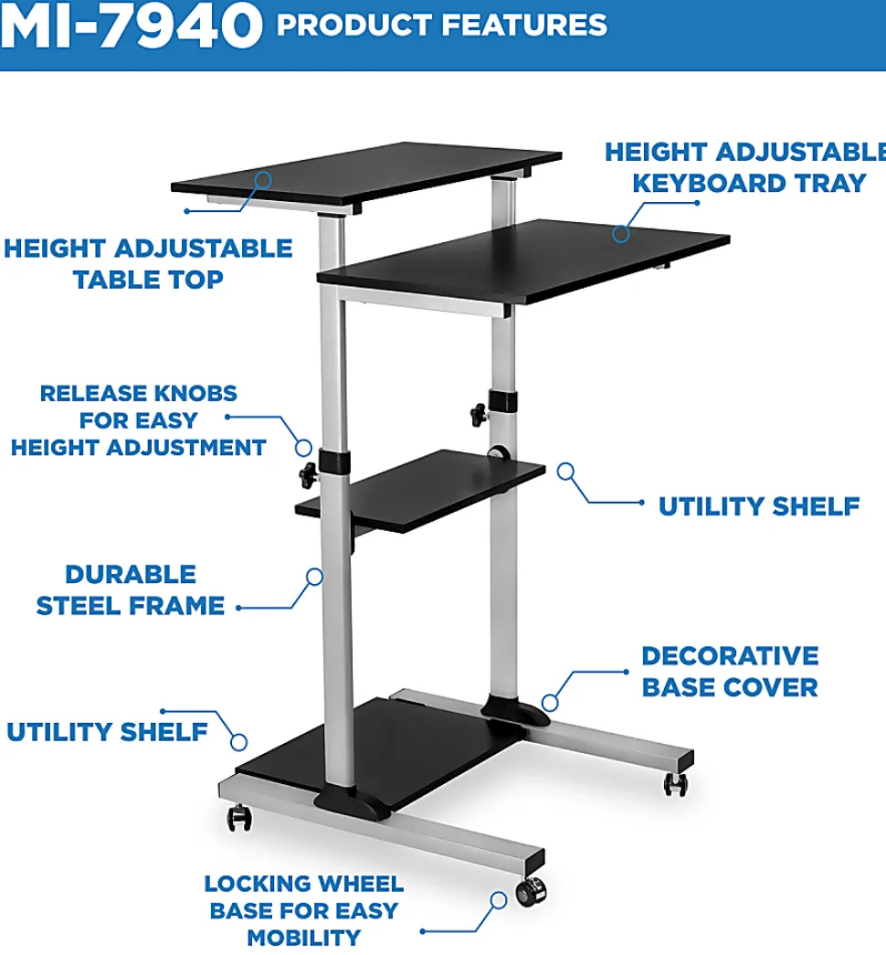 Mount-It! MI-7940 Mobile 37"W Stand-Up Desk, Silver