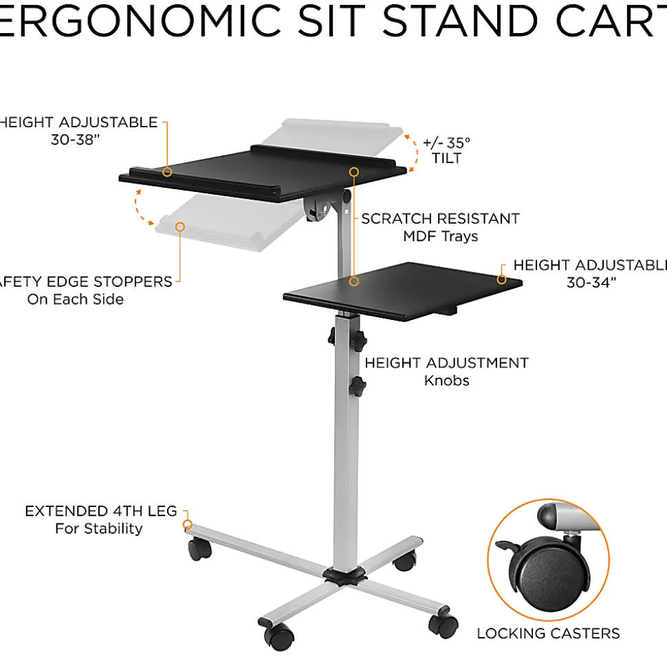 Mount-It! MI-7945 Rolling Laptop Tray And Projector Cart, 26”H x 24”W x 3”D, Black